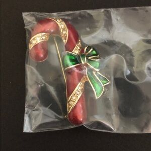 Avon Red Candy Cane Brooch with Green Bow and Gold Accents
